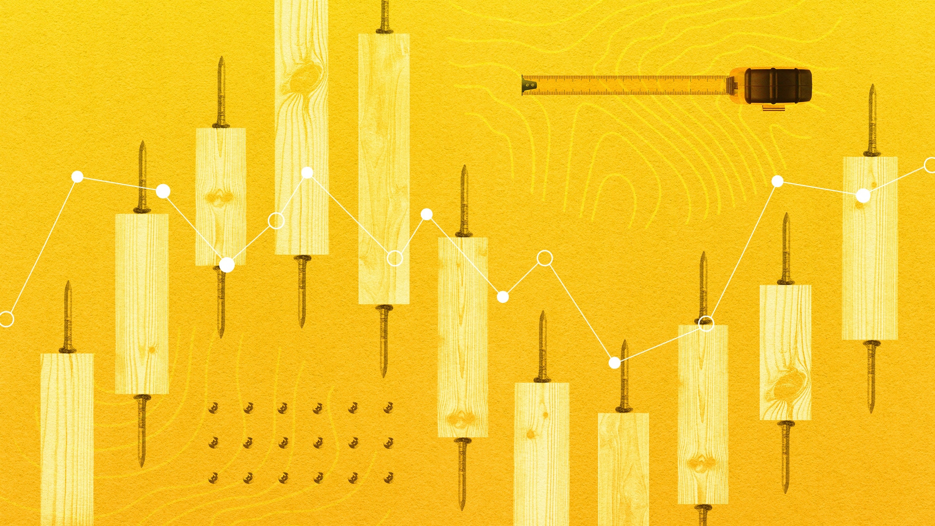Illustration of wooden planks made to look like a candlestick chart, a tape measure, wood grain, nails and screws appear in the background.