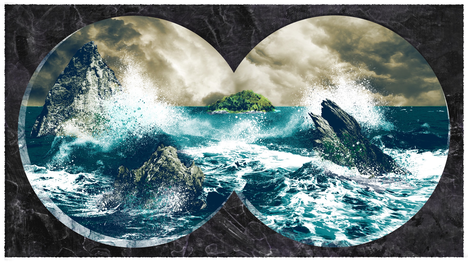 Illustration of crashing waves and a turbulent sky as if seen through binoculars.
