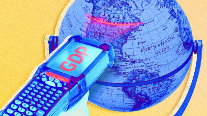 Illustration of a barcode scanner being used on a globe, with the letters 