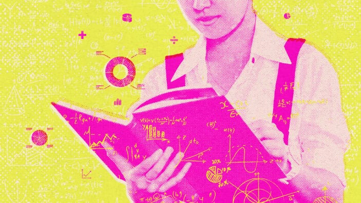 Collage style illustration of a woman reading a book, surrounded by equations and financial charts.