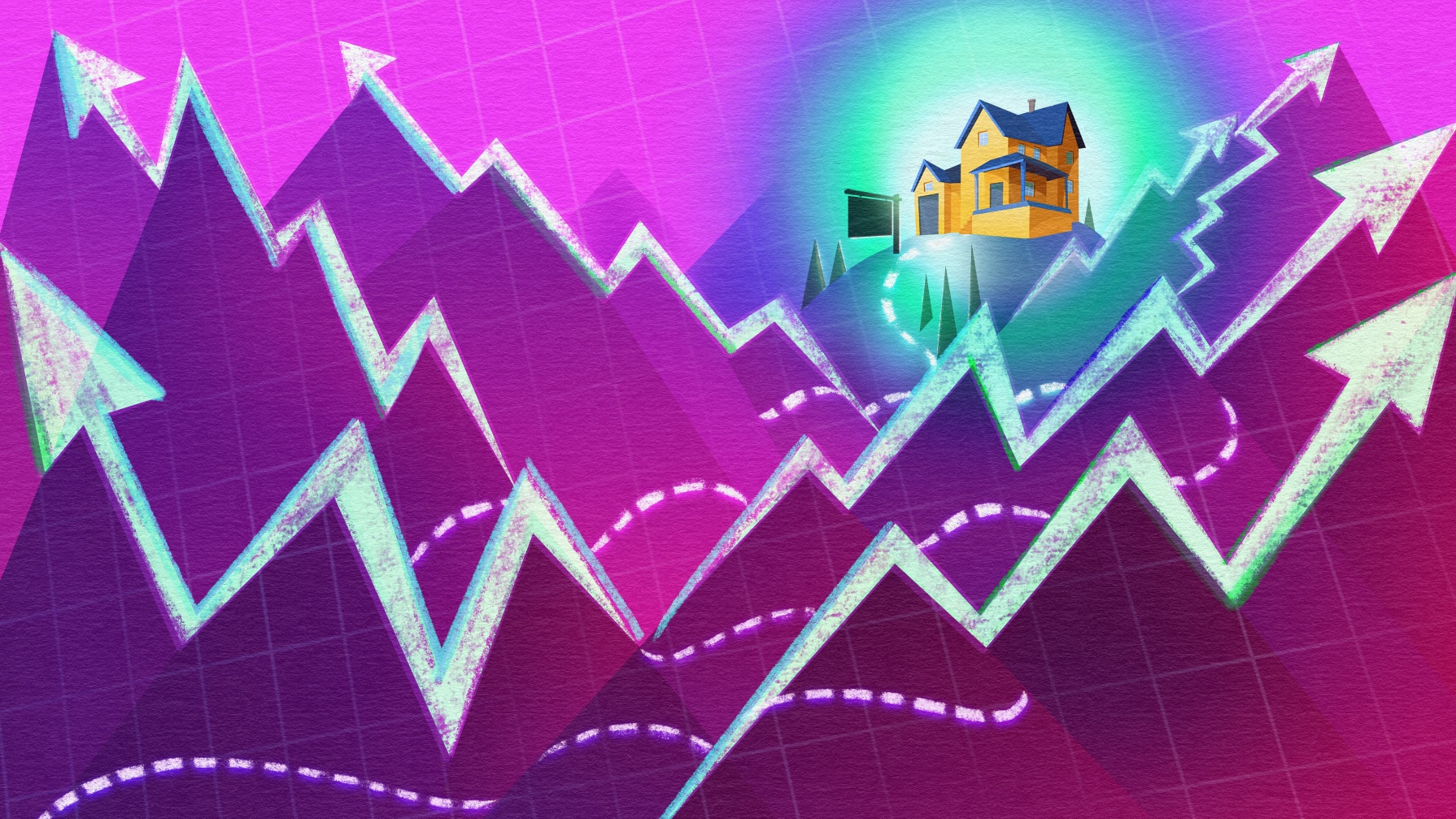 Illustration of a house high in the mountains, where the mountain peaks look like stock market arrows.