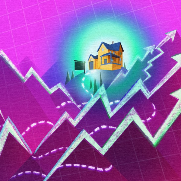 Illustration of a house high in the mountains, where the mountain peaks look like stock market arrows.
