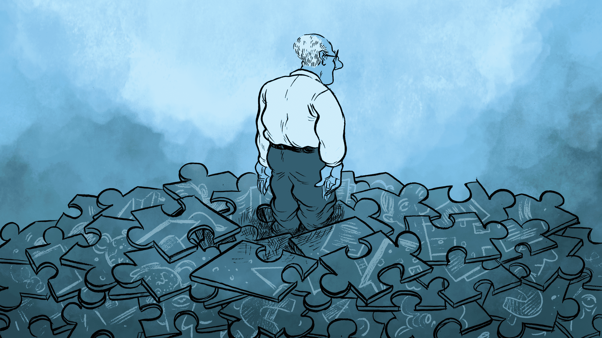 Old man knee deep in a pile of giant jigsaw puzzle pieces representing different aspects of his finances
