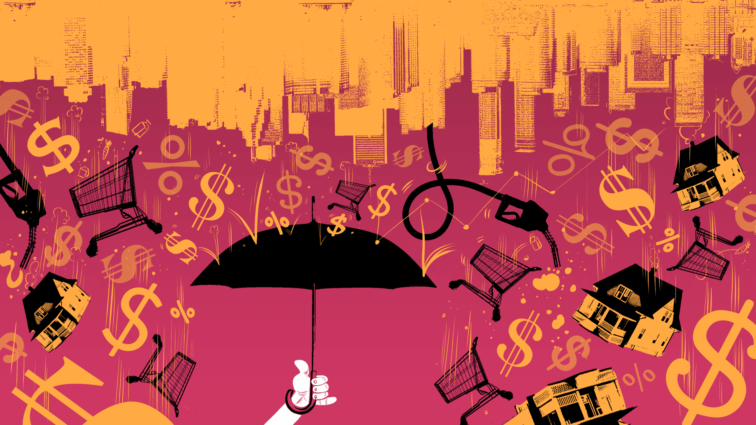 Hand holding umbrella as upside cityscape rains dollar signs, shopping carts, houses, and other financial symbols...