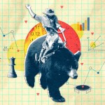 Collage style illustration of a cowboy riding a bear surrounded by stock charts.