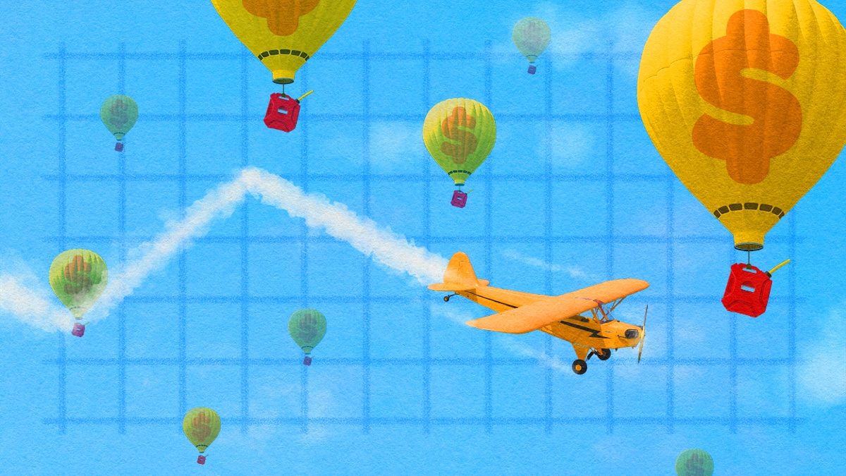 Illustration of an airplane leaving vapour trails that zig zag up and down like stock market charts. Hot air balloons carry fuel cans and float out of reach of the airplane.