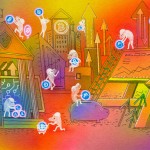 Colourful illustration featuring little characters holding various cryptocurrency in a city built of arrows and financial imagery.