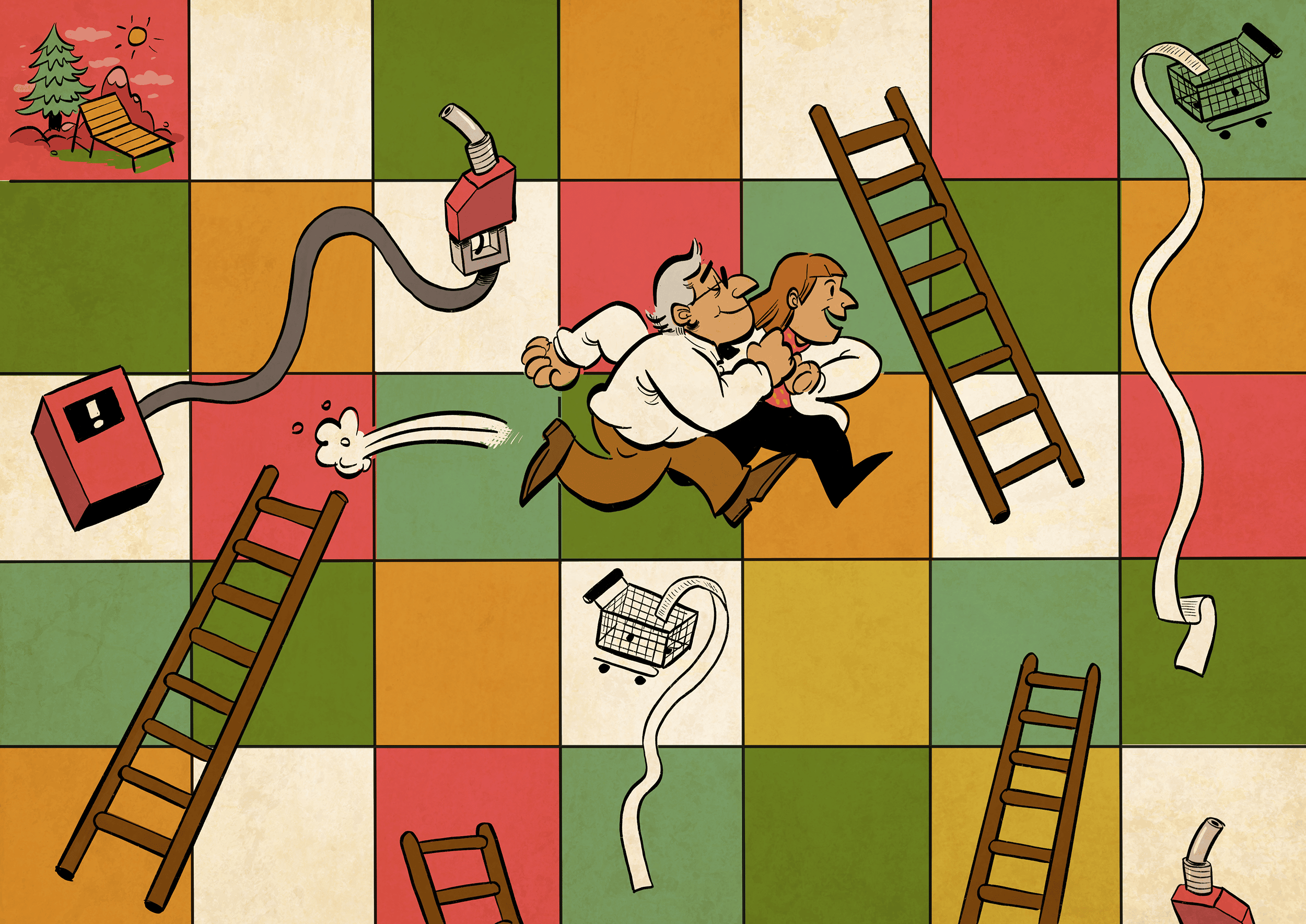 A couple running towards retirement in what looks like a snakes and ladder board