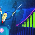 Illustration of a charlatan giving a presentation in front of financial imagery