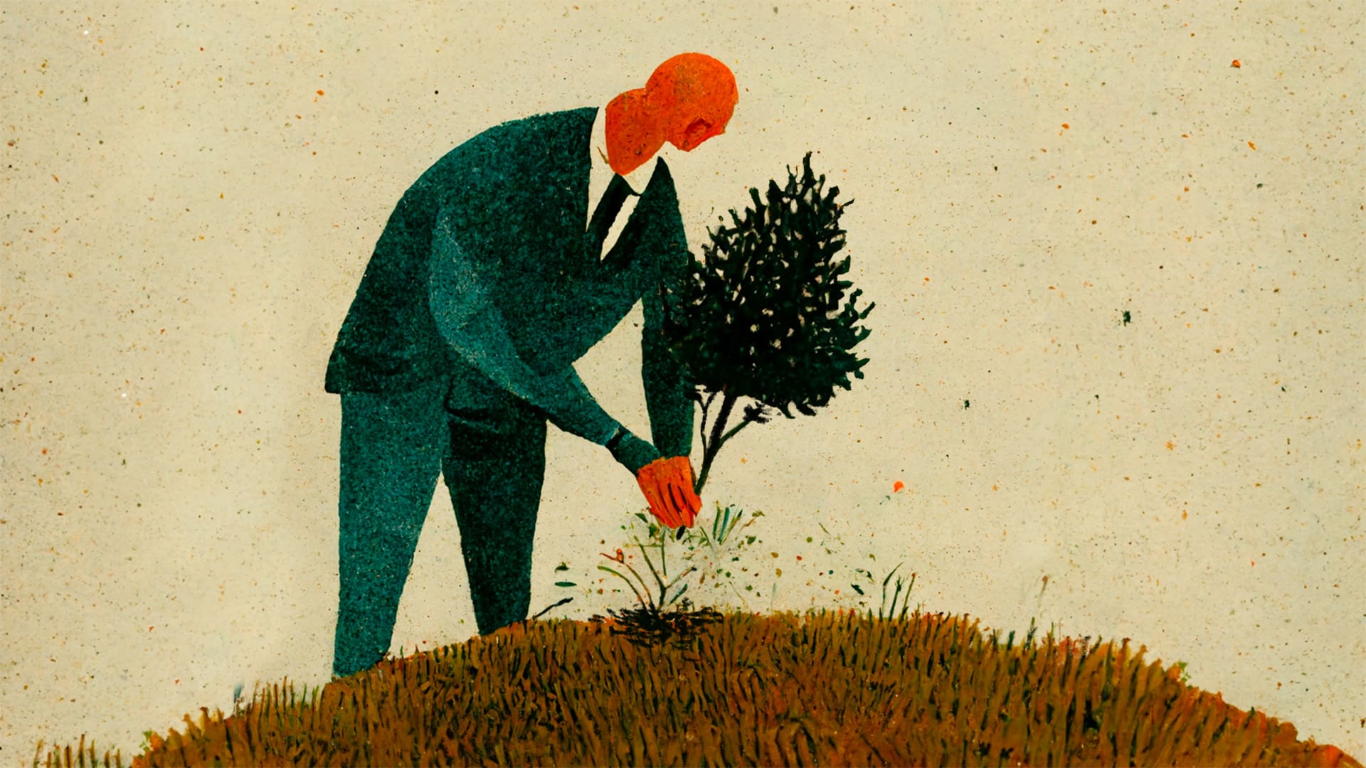 Stylized illustration of businessman planting a tree