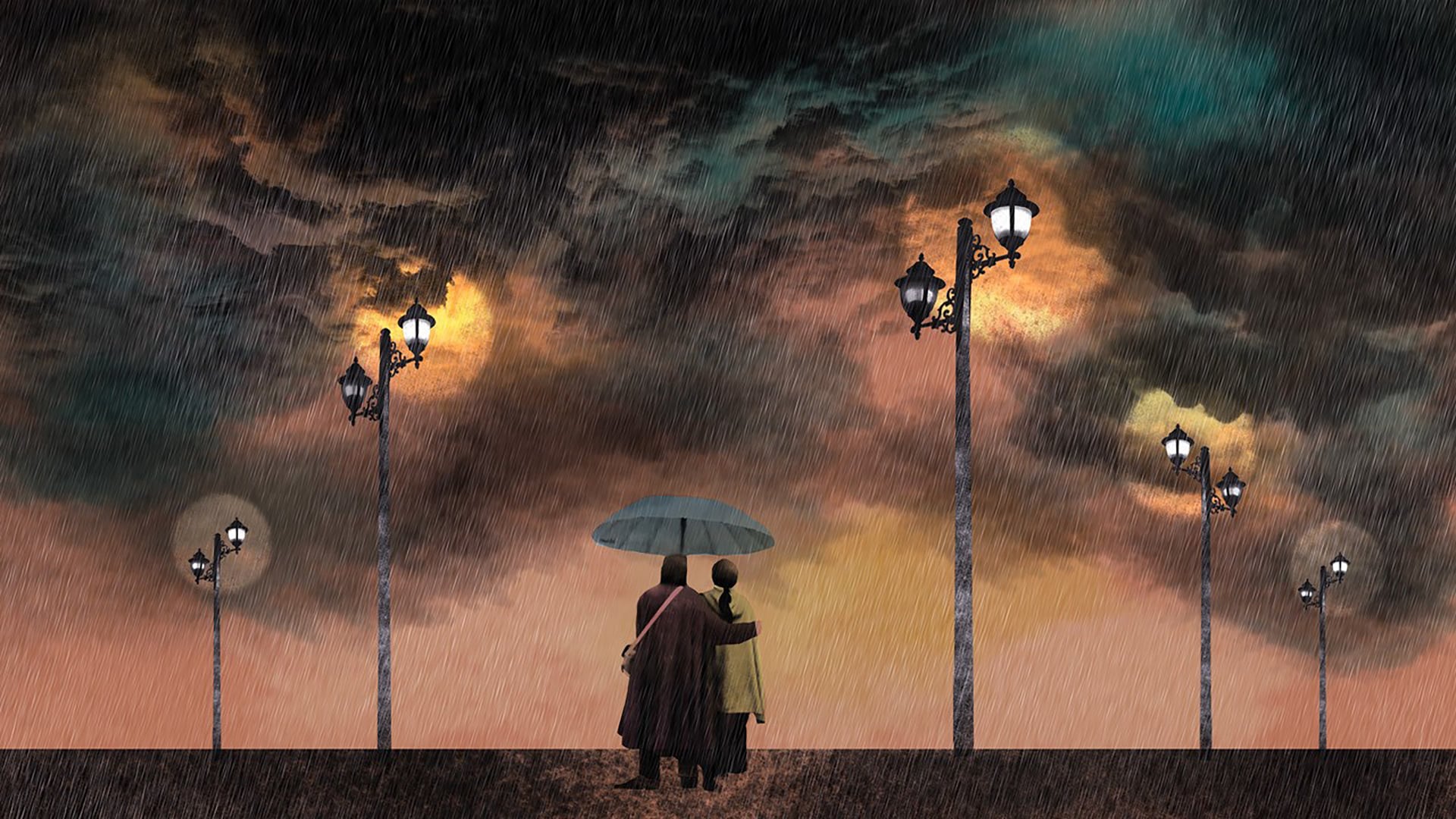 Illustration of a couple standing together under an umbrella in a rainstorm, surrounded by old fashioned street lights.