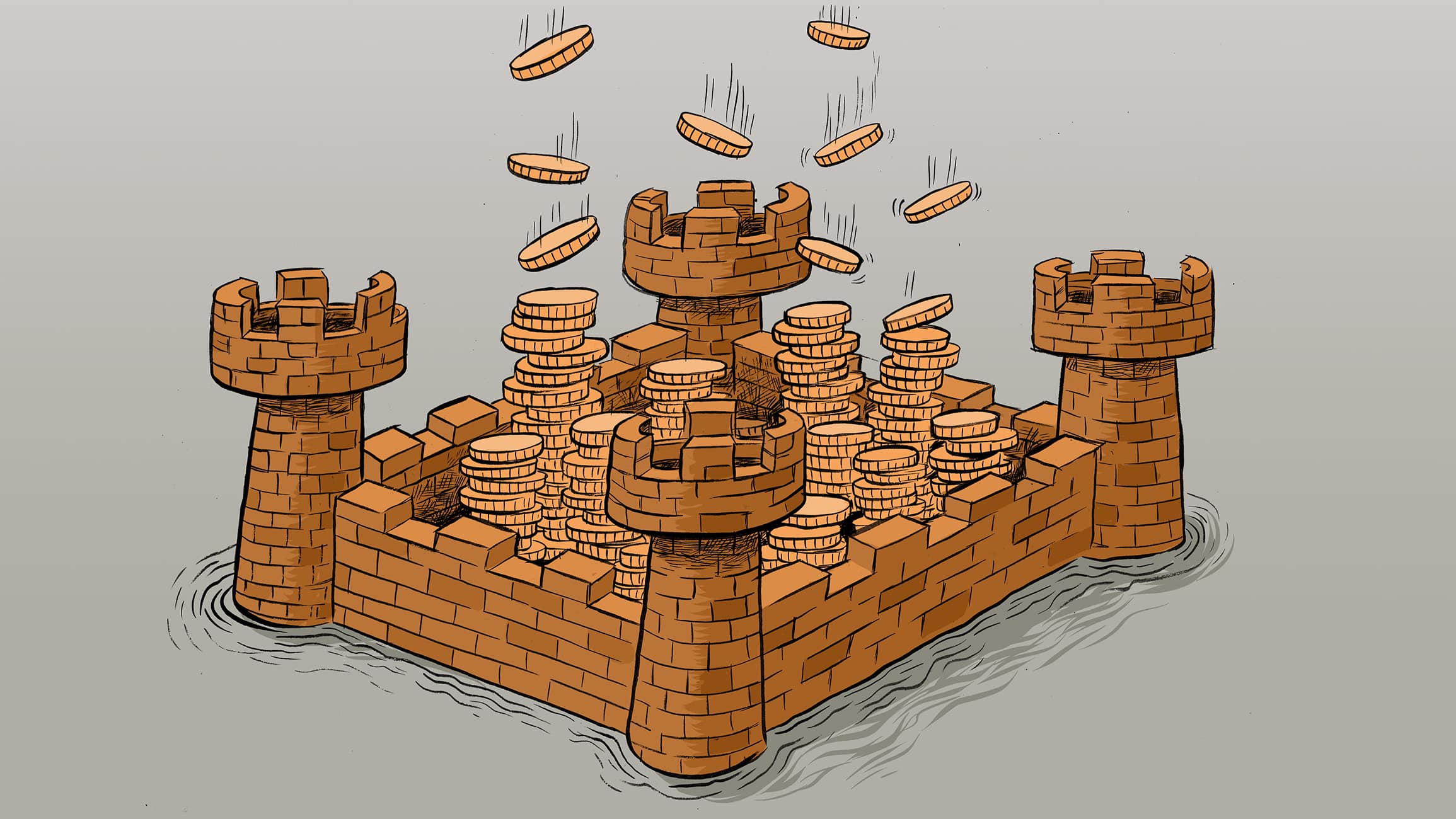 A fortifed castle with coins well protected in the middle and growing in quantity