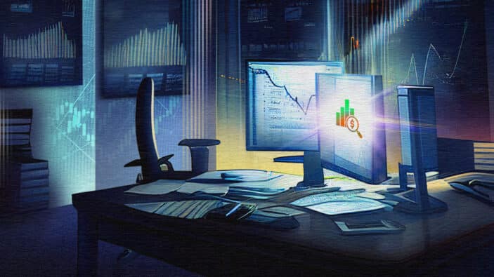 Moody illustration of an empty but cluttered office illuminated by a computer screen displaying stock market imagery and a magnifying glass.