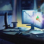 Moody illustration of an empty but cluttered office illuminated by a computer screen displaying stock market imagery and a magnifying glass.