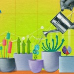 Collage illustration of hands watering plants that look like stock market charts