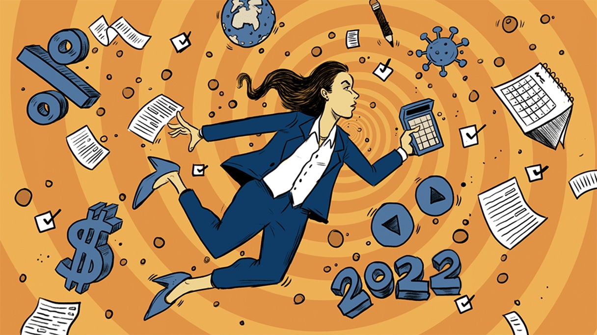 Illustration of a woman holding a calculator, in a swirling spiral of tax-related paperwork, calendars and symbols. 2022