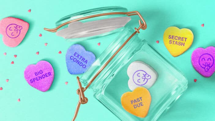 Valentine's candy hearts that say: big spender, extra condo, past due, and secret stash.