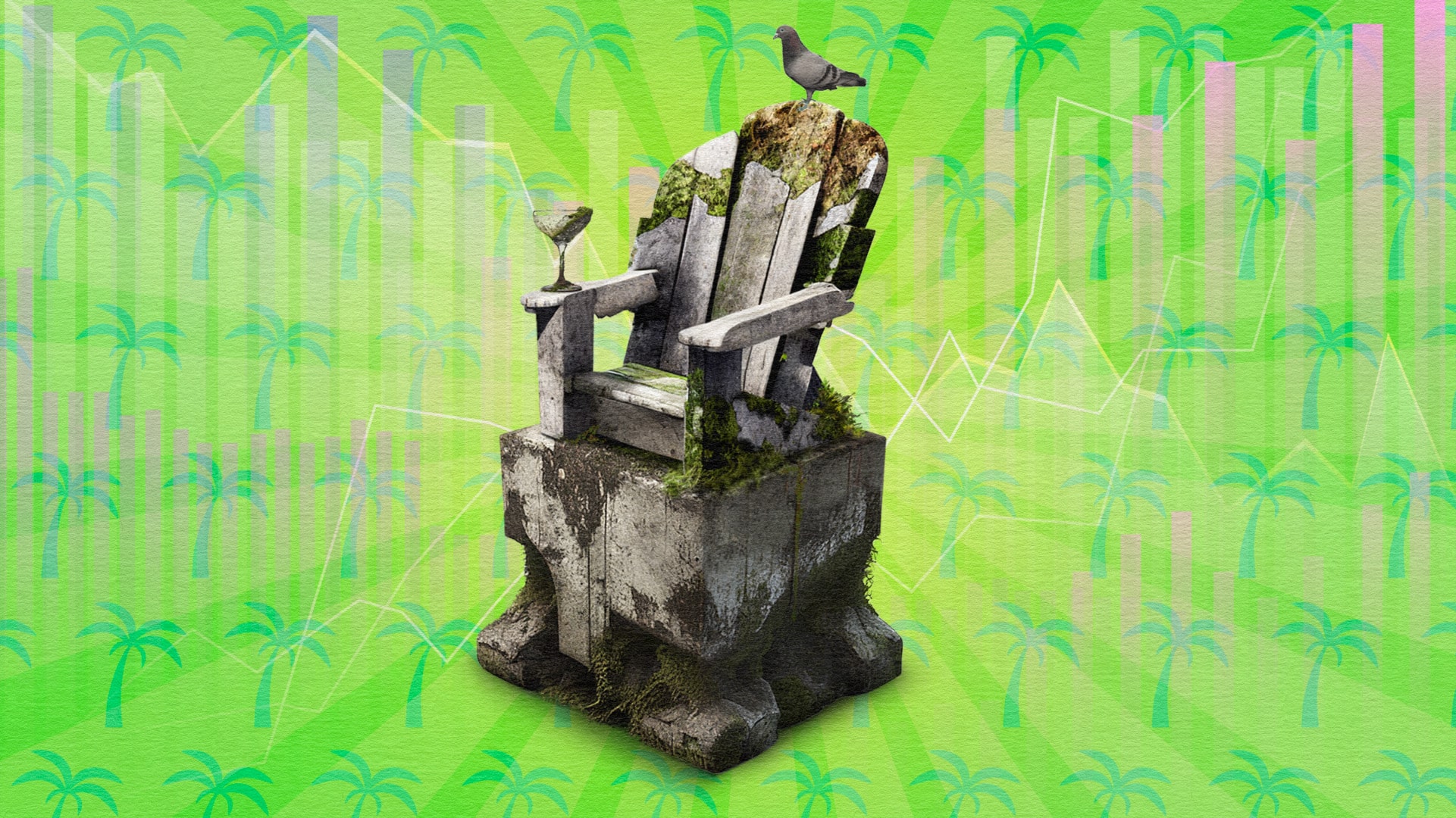 Adirondack chair and martini glass made to look like an ancient greek statue, complete with a pigeon, on a background of palm trees and stock charts.