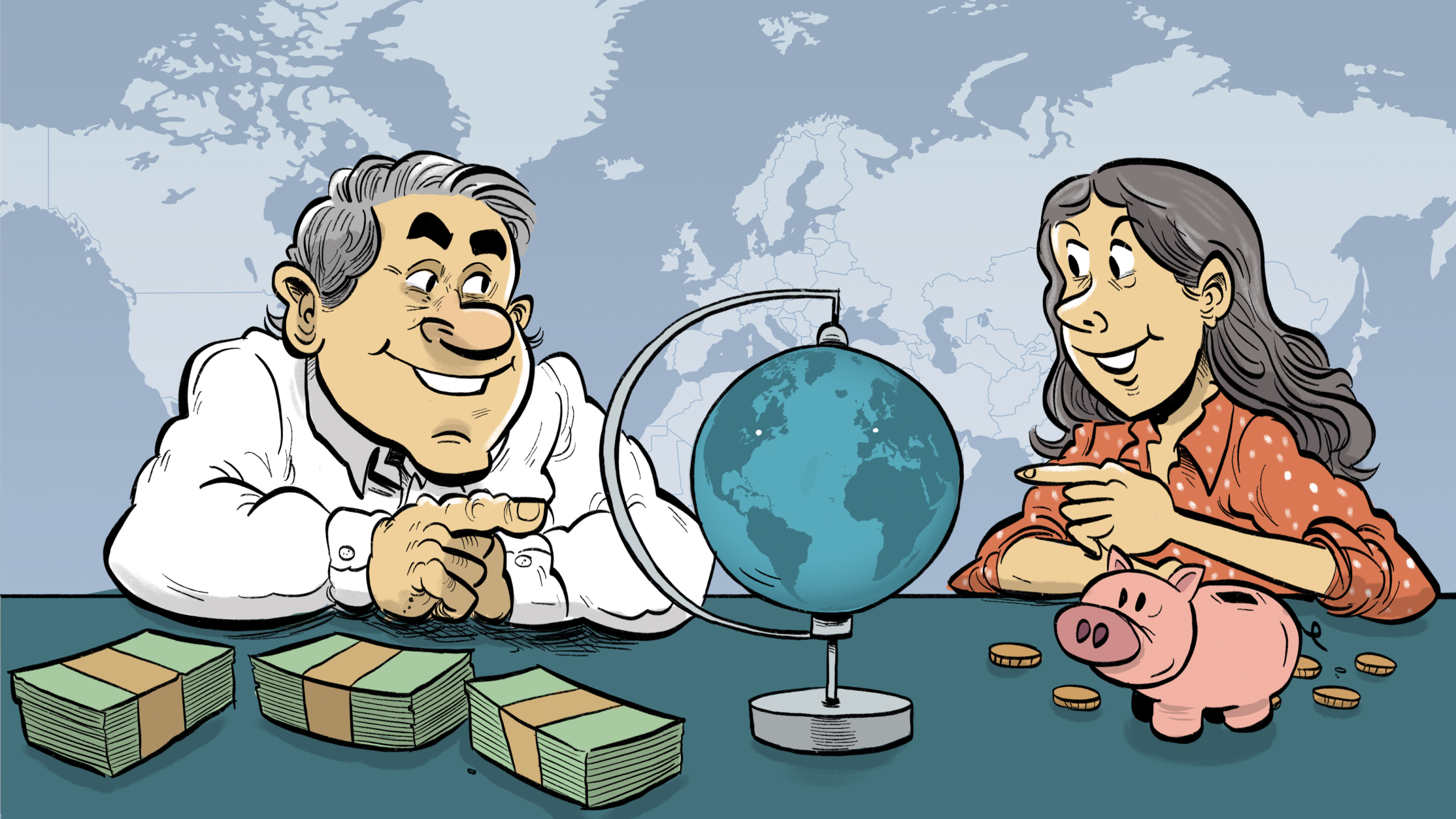 A man and a woman pointing to different parts of a globe, one looking to splurge on travelling and the other save.