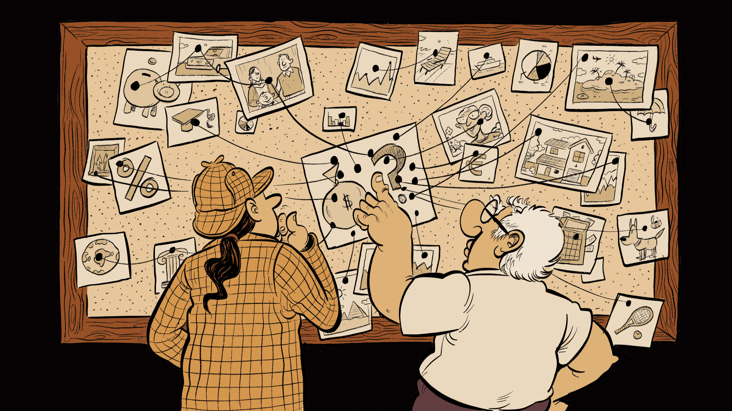 A detective and a man (pre retirement) are looking at an evidence board trying to figure how much money he needs to retire.