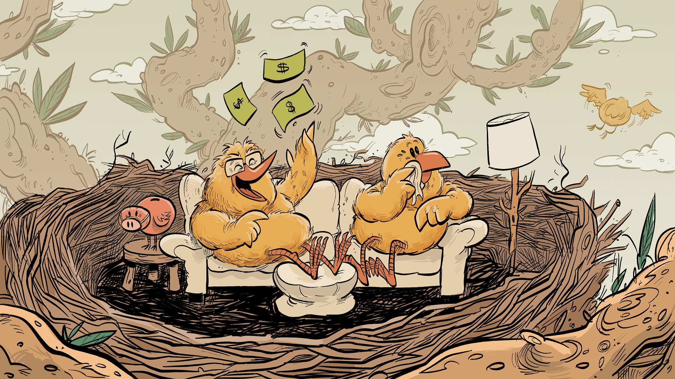 Bird parents sitting in an empty nest as child bird flies away, one bird is rejoicing with thoughts of money savings while the other bird is crying.a