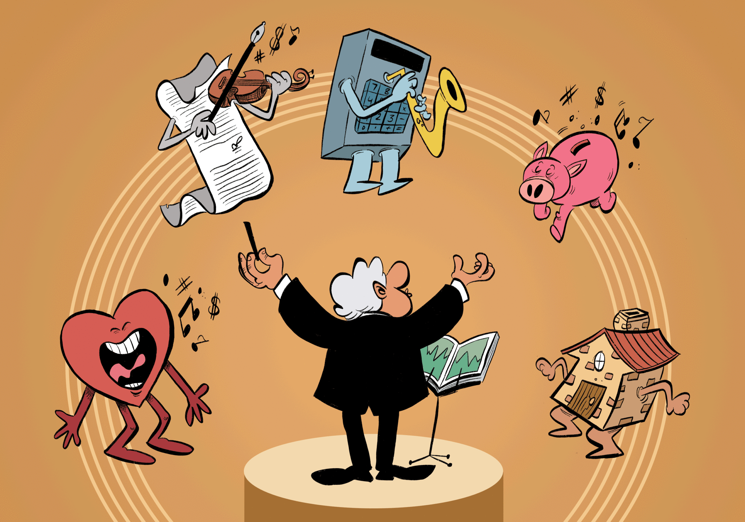 Conductor with orchestra of a heart singing (charity), a paper playing violing (charity), a calculator playing saxaphone (taxes), a piggy bank dancing (finance) and a house dancing (property)