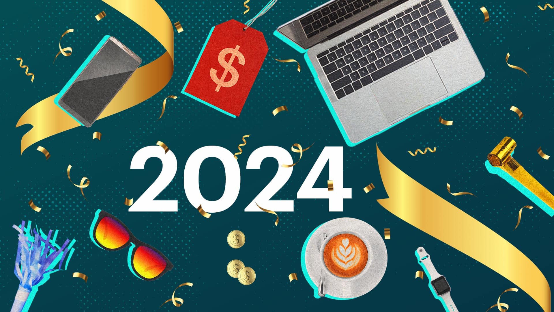 Your Score in 2024, Ribbons, Price tag, Laptop, smart phone, sunglasses, coffee, noise makers, smart watch, dollar coins.